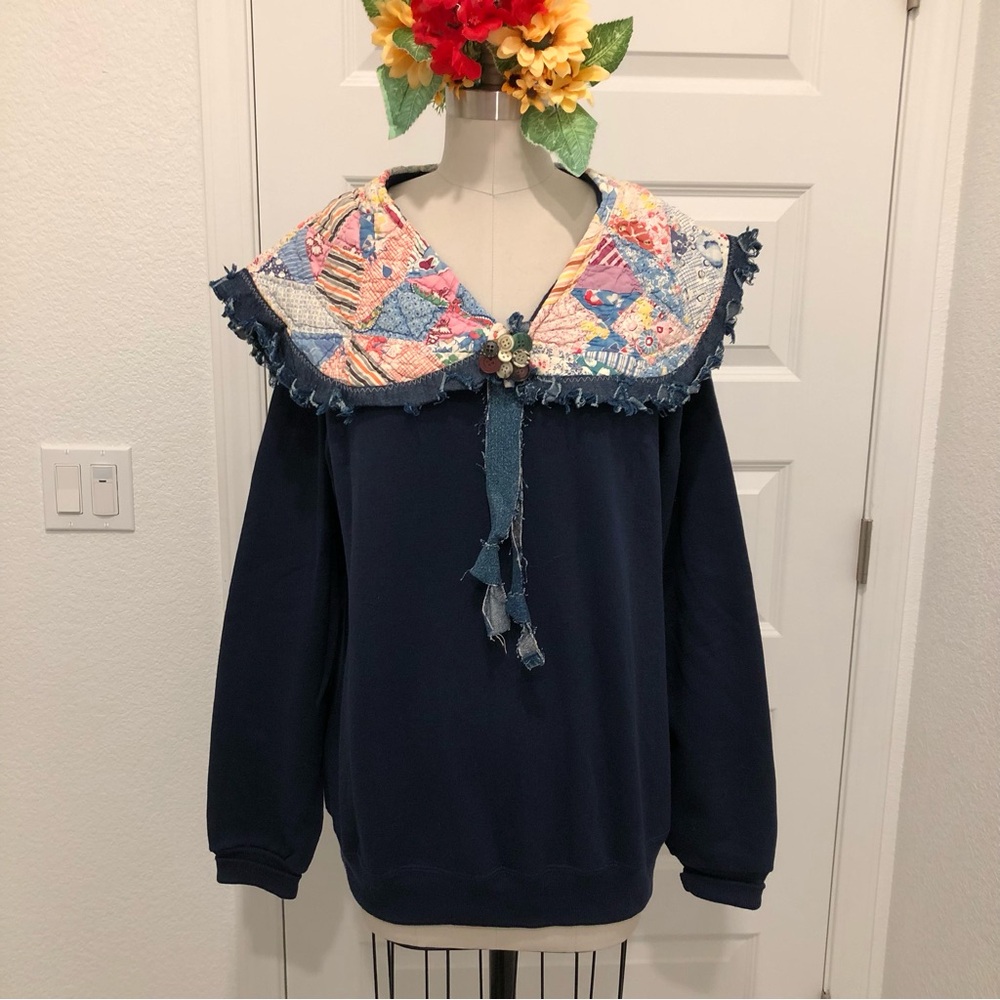 NWOT - Navy Blue Sweatshirt with Buttons & Handcrafted Quilted Collar